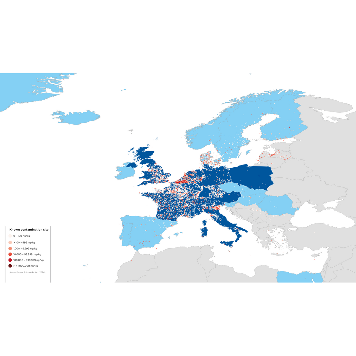 Map of Europe showing known PFAS contamination sites, with the highest concentration of recorded sites in Western and Central Europe.