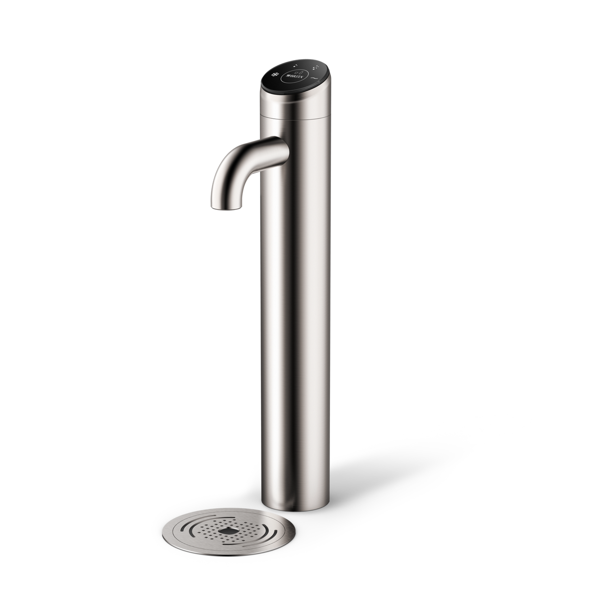 A modern stainless steel BRITA Extra I-Tap water dispenser faucet with a curved spout and a matching round drain base, shown on a clean white background.