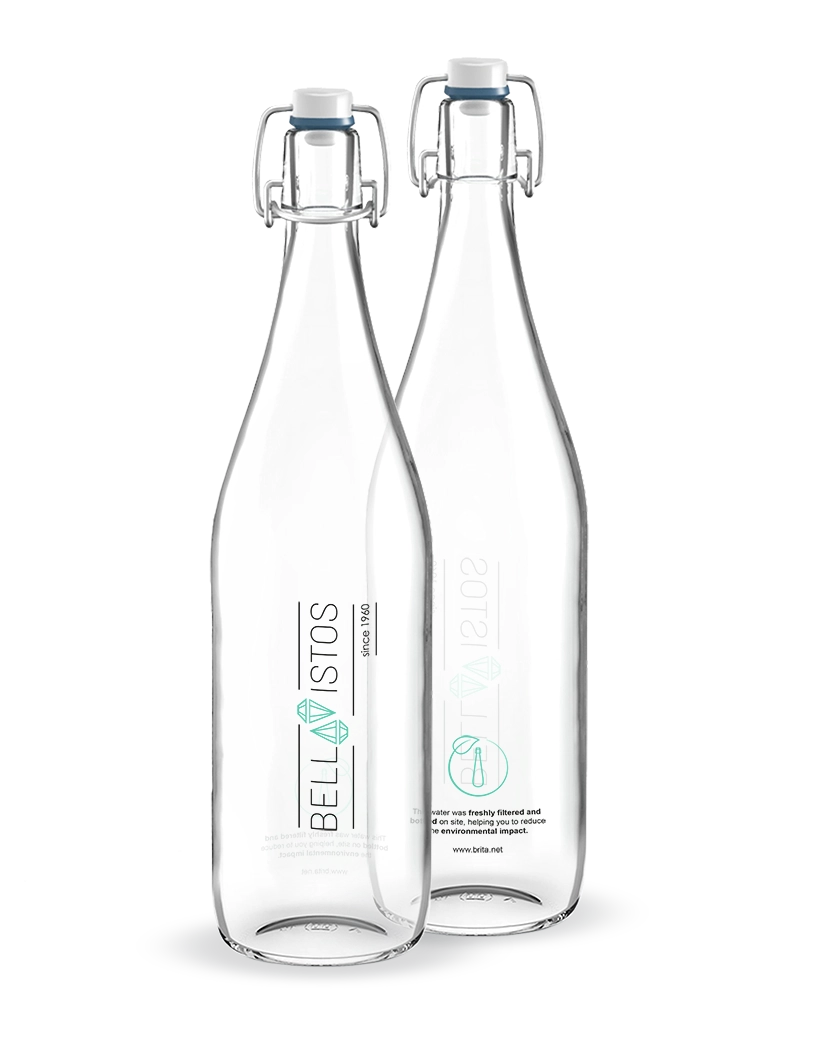 Deux bouteilles BRITA Classic portant les logos des clients.