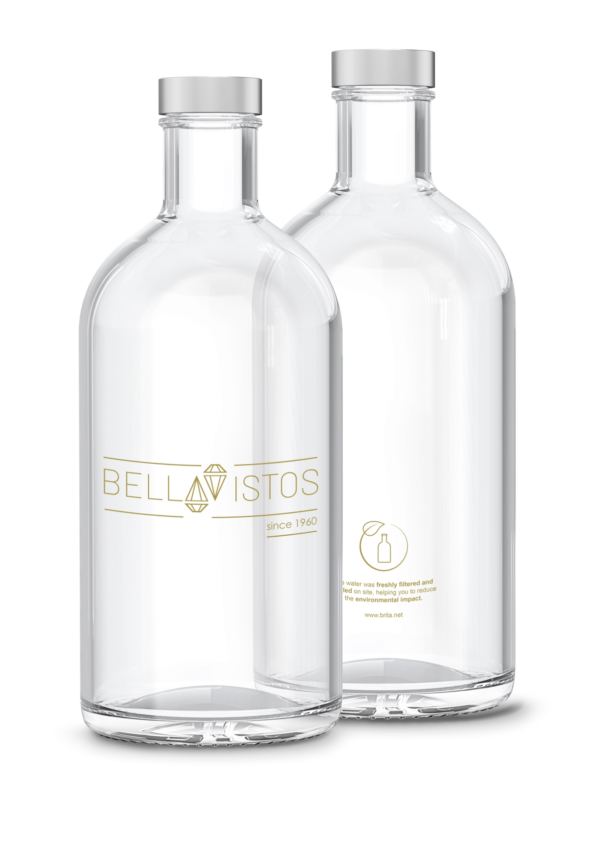 Deux bouteilles BRITA Lounge avec des bouchons argentés, sur fond blanc, ornées des logos des clients.