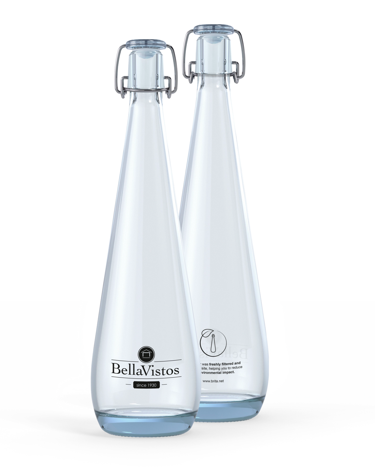 Deux bouteilles BRITA Swing transparentes avec le logo du client.