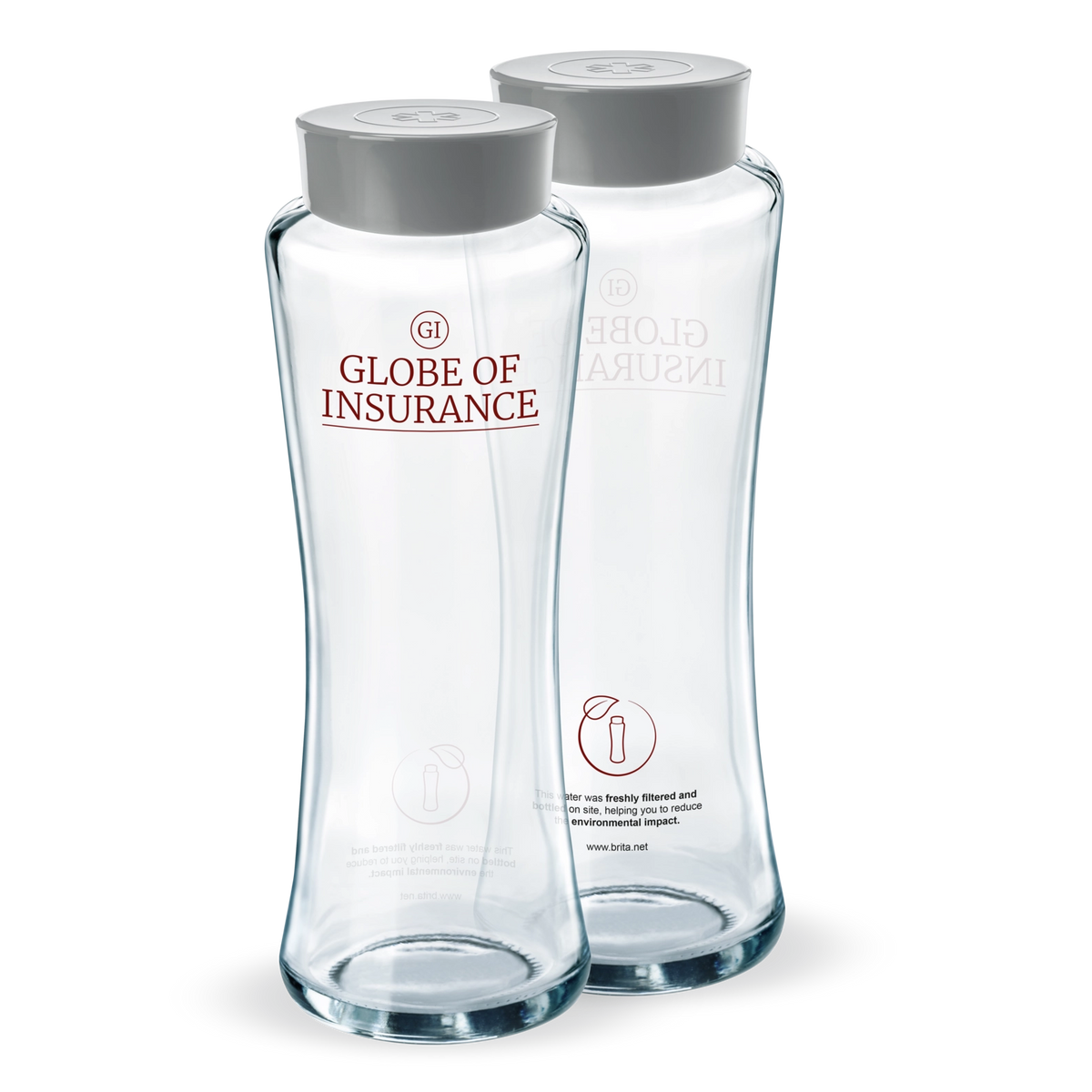 Deux bouteilles BRITA Twist avec des bouchons gris sur fond blanc.