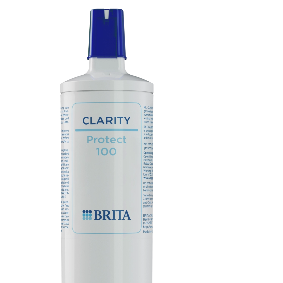 filtre BRITA CLARITY Protect avec un bouchon bleu sur fond transparent.