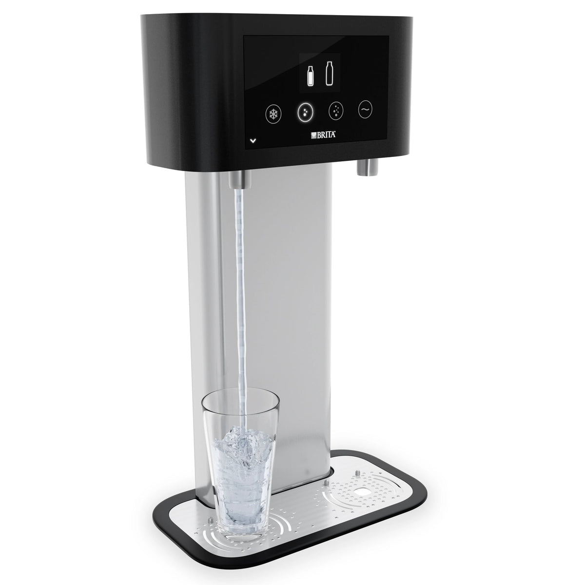 fontaines à eau  BRITA Fill T-Tap avec un verre sur fond blanc